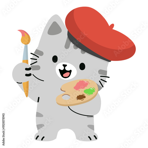 Cute Cat Artist with Paintbrush and Palette
