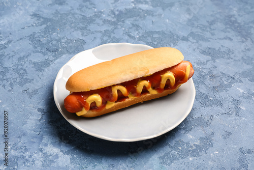Plate with tasty hot dog on...