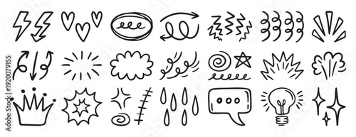 Set of random doodle sketch elements, decorative hand drawn icons for creative design