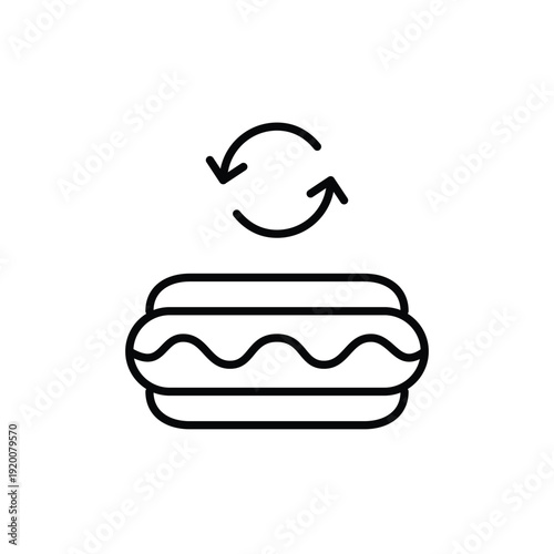 Hot dog in a bun and renew arrows. Food delivery update, takeaway menu refresh. Sustainable ingredients. Pixel perfect, editable stroke vector icon