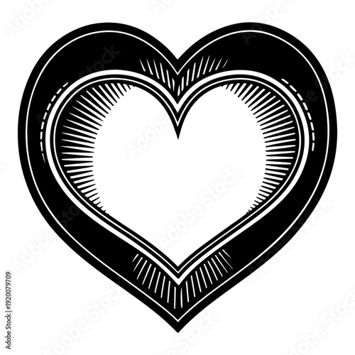 Black and white heart shape with inner radiating lines and thick outer border, isolated on white background