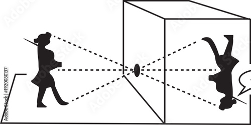 Renaissance Camera Obscura Drawing With Silhouette figures - Modern Flat Line Illustration