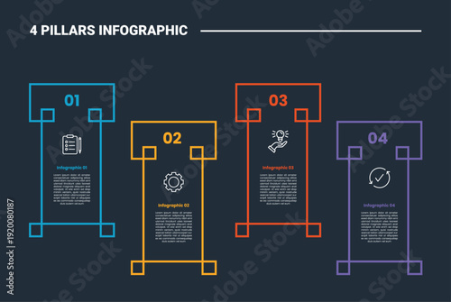 4 pillars infographic process diagram with square structure with up and down position with dark background bright outline style 4 points