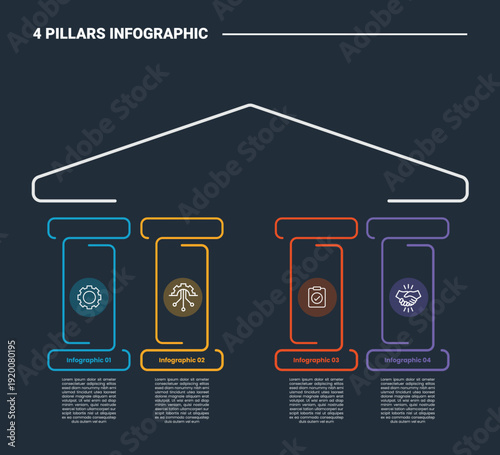 4 pillars infographic process diagram with simple structure with round edge and cut off with dark background bright outline style 4 points