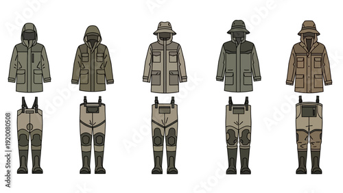 Outdoor clothing styles for men displayed in a grid showcasing various jackets and pants combinations from different viewpoints