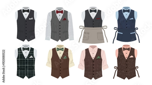 Assorted waistcoats and vests for men displayed on mannequins from a front viewpoint in a fashion setting