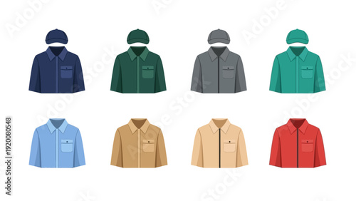 Collection of various colored jackets and hats displayed against a plain background from a frontal viewpoint