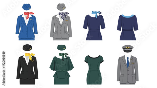 Collection of diverse flight attendant uniforms displayed against a clean backdrop showcasing various styles and colors