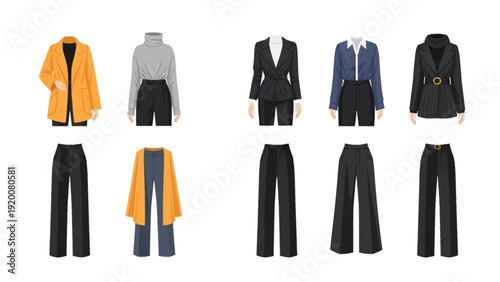 Collection of assorted clothing items displayed on a clean white surface from a straightforward viewpoint