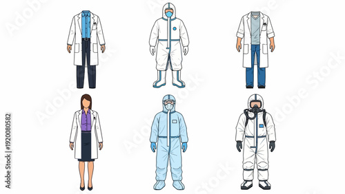 Medical professionals wearing protective suits in various configurations standing in a row