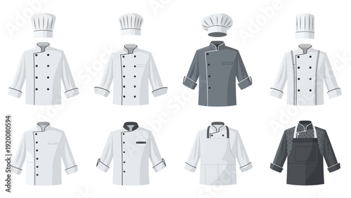 Assorted chef coats and hats displayed in a grid on a white background from a frontal viewpoint