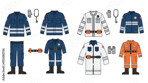 Collection of emergency worker outfits and safety equipment displayed in a grid arrangement