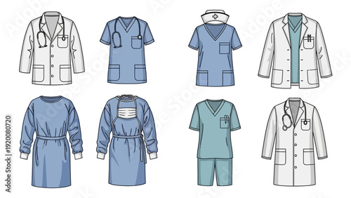 Collection of various medical professionals' attire and equipment displayed from different viewpoints