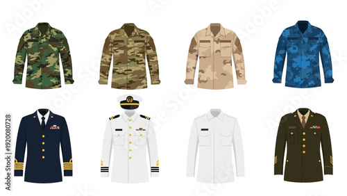 Various military uniforms displayed in a grid pattern on a plain white background from a frontal viewpoint
