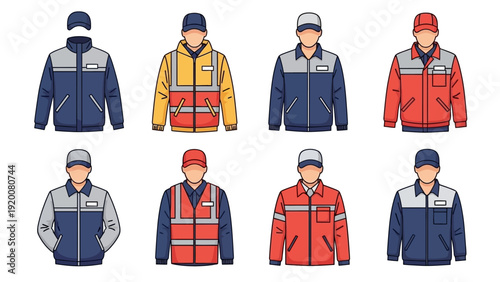 Collection of various uniformed workers wearing protective gear and safety jackets from different viewpoints