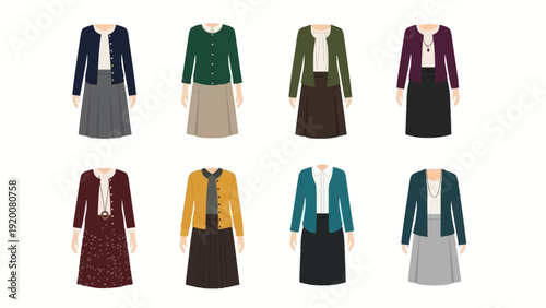 Illustrations of diverse women's clothing styles and outfits displayed in a grid format from a frontal viewpoint