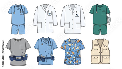 Collection of various medical uniforms and attire displayed together in a grid layout on a white background from a frontal viewpoint