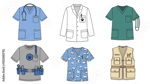 Medical Professionals' Attire Illustrated in Various Scrubs and Lab Coats