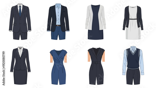 Collection of various business attire for men and women displayed on a white background from a front viewpoint