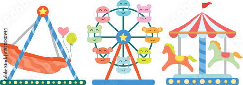 Colorful illustration with three amusement park rides. Swinging ship, ferris wheel and carousel with horses. 