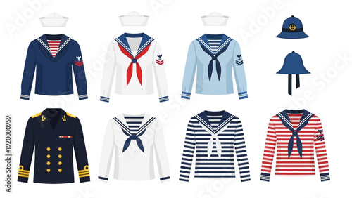 Collection of assorted sailor outfits and accessories displayed against a clean background from a straightforward viewpoint