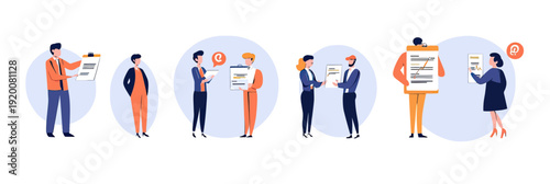 Human resource manager reviewing job applications and resumes with candidates in office hiring and recruitment process flat vector illustration set