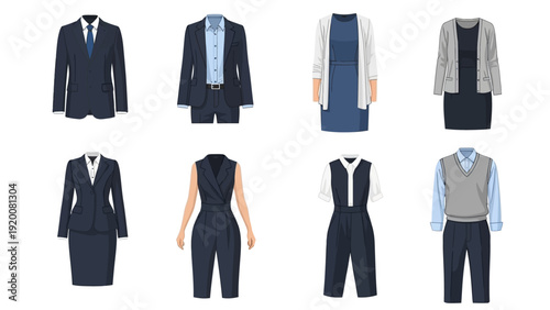 A collection of professional business attire for men and women displayed against a clean background from a frontal viewpoint