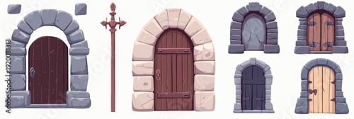 Medieval stone arch wooden castle doors collection with metal hinges ancient kingdom gates cartoon flat vector set for game design