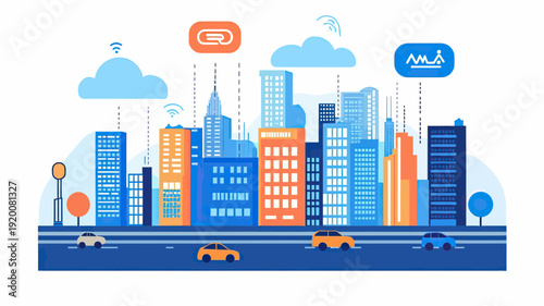 Smart city illustration with wireless cloud connectivity digital data networks skyscrapers cityscape flat vector design with cars on road in blue and orange tones