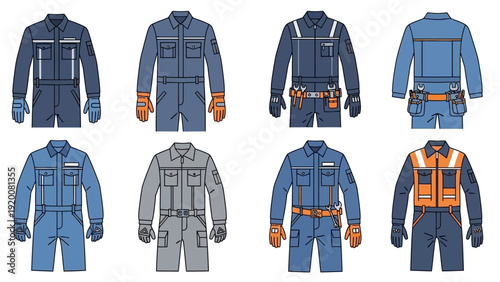Collection of various workwear uniforms and safety outfits displayed