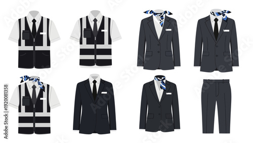 A collection of formal menswear components, including suits, shirts, ties, and accessories, displayed from a straightforward viewpoint.