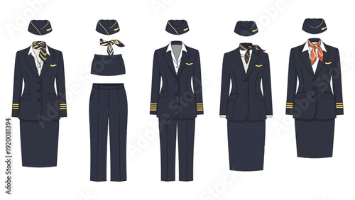 Various airline uniform styles for flight attendants displayed on mannequins, showcasing different designs and accessories from multiple viewpoints.