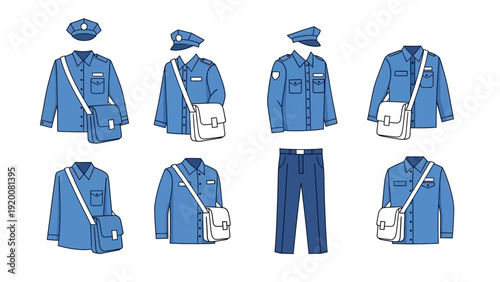 Collection of blue police uniforms and accessories displayed neatly against a clean background