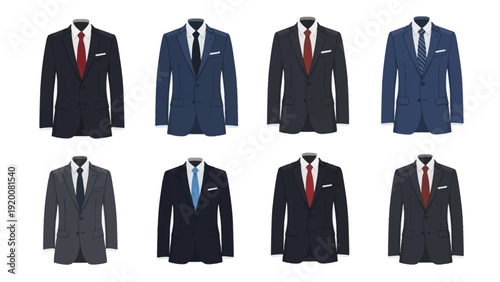 A collection of eight illustrated men's formal suit jackets with varied tie colors displayed from a front viewpoint