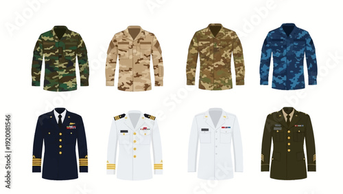 Collage of various military uniforms and camouflage jackets displayed against a neutral background from a straight-on viewpoint