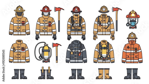 Collection of firefighter uniforms and equipment illustrated from various viewpoints