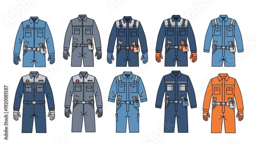 Collection of diverse space suits displayed in a grid formation against a clean background from a straightforward viewpoint