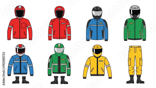 Variety of protective racing suits and helmets displayed against a clean backdrop showcasing different colors and designs