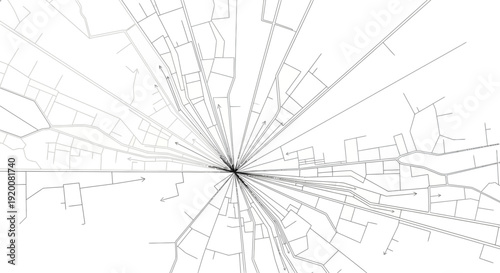A black and white illustration of a city map with radial lines