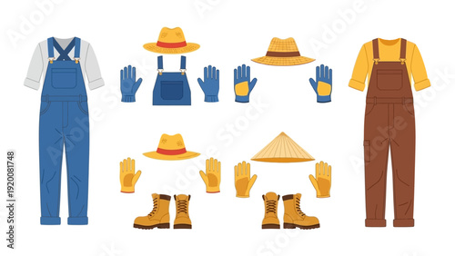Farmer's work attire and accessories arranged neatly showcasing various hats, gloves, and boots for different tasks and professions
