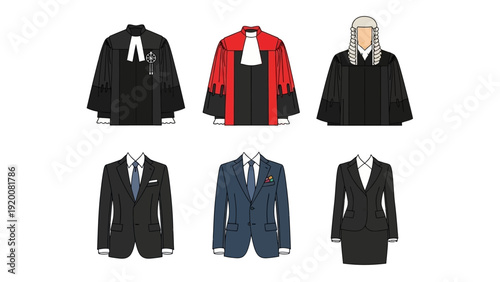 Illustration of various legal professionals in formal attire standing in a grid pattern