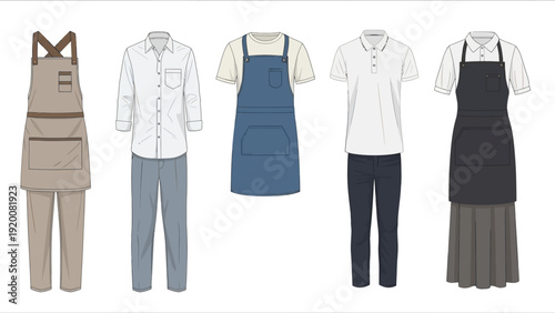 Illustration of various aprons and shirts worn over different outfits on a clean white background from a front viewpoint