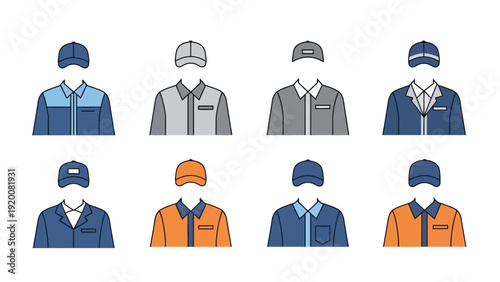 Collection of various worker illustrations showcasing different uniform styles and colors from a front viewpoint