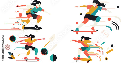 Four female skateboarders in dynamic poses, performing tricks with speed lines and abstract geometric elements. Created in a flat vector style with a vibrant teal, coral