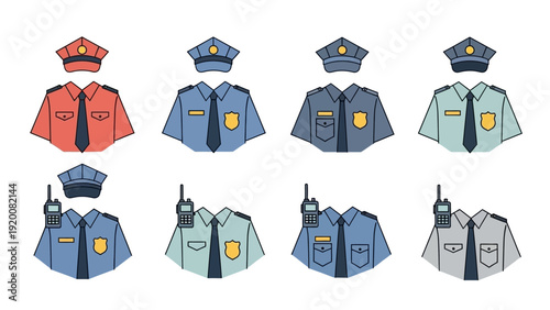 Collection of police officer uniforms and hats displayed in a grid layout on a plain white background
