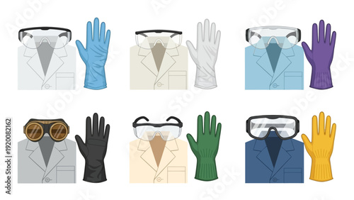 Diverse scientists wearing lab coats and safety goggles in a laboratory setting with various colored gloves and masks