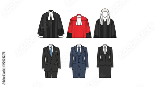 Collection of formal legal attire for professionals displayed on mannequins from a front viewpoint