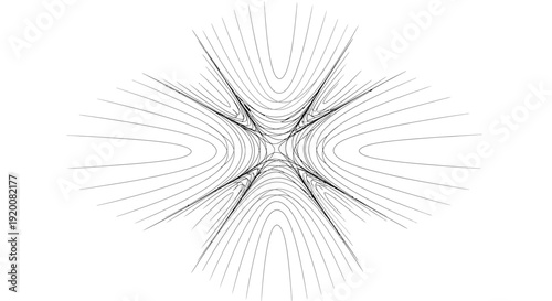 A complex black and white abstract design with curved lines and dots