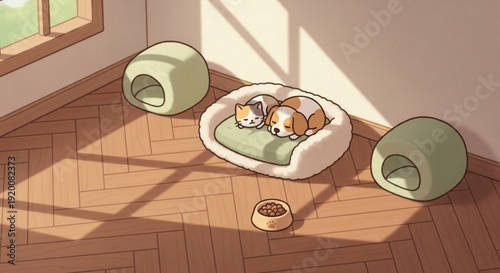 Adorable cat and dog sleeping together on cozy pet bed indoors