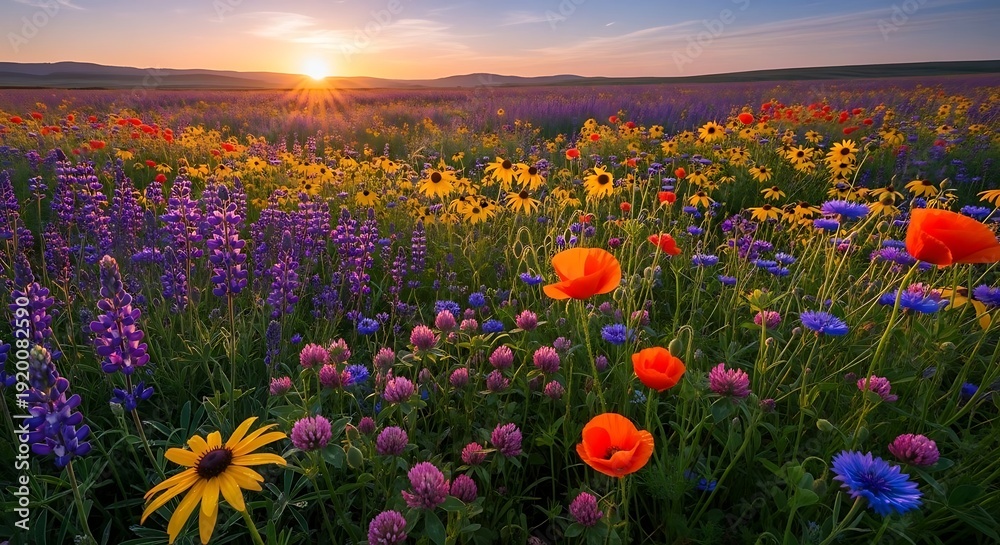 Fototapeta premium Vibrant Wildflowers in Sunset Field.